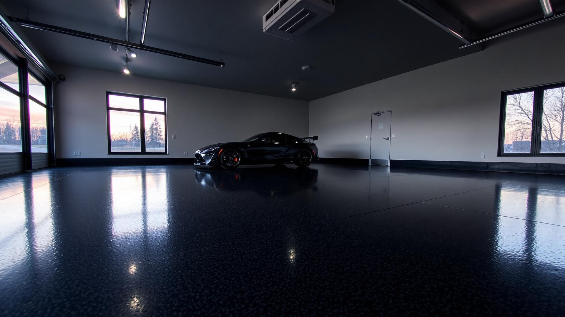 Premium charcoal flake epoxy garage floor with high-gloss finish